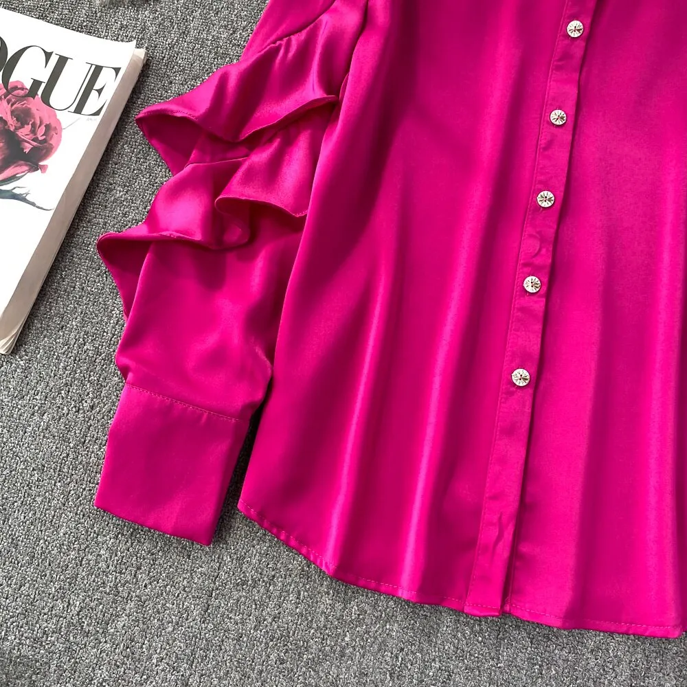 Kenza Solid Lapel collar ruffled Satin Shirt