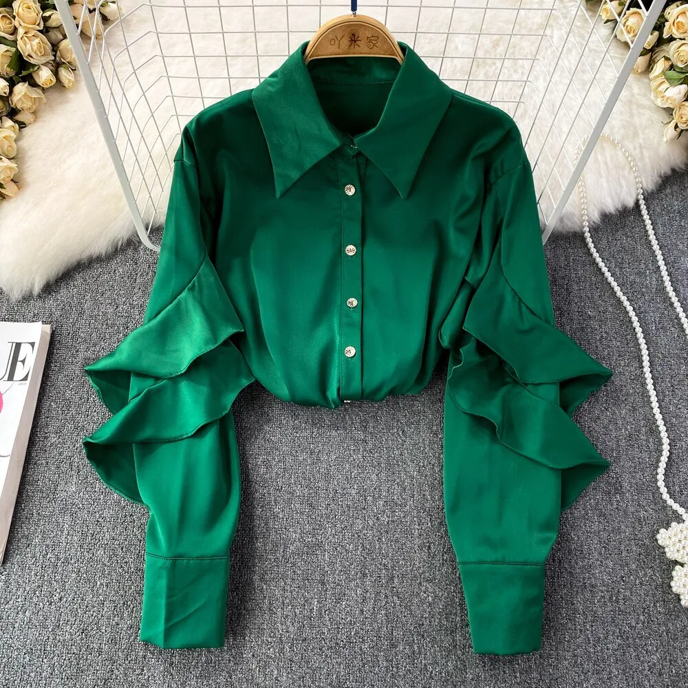 Kenza Solid Lapel collar ruffled Satin Shirt