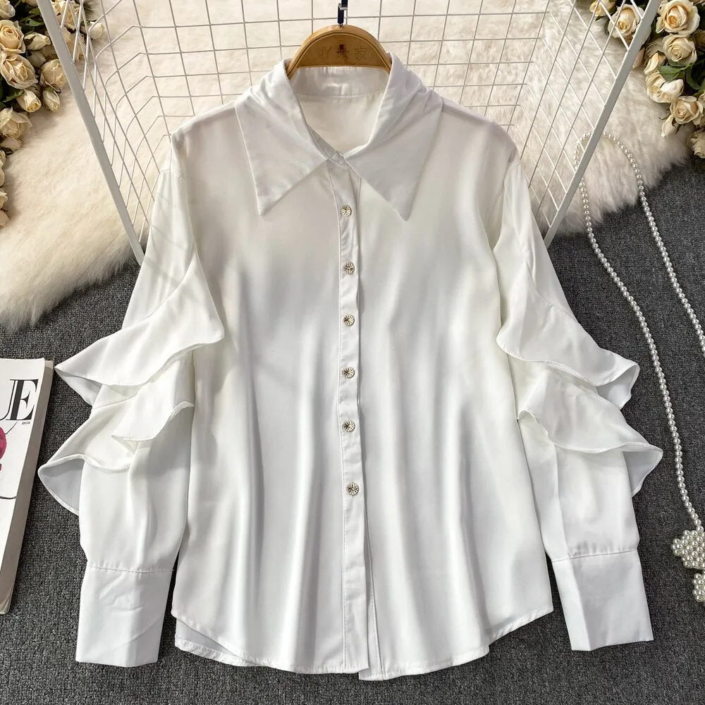 Kenza Solid Lapel collar ruffled Satin Shirt