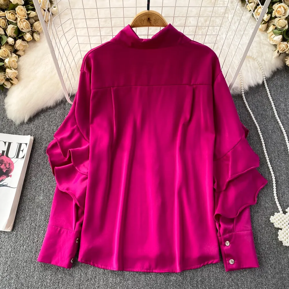 Kenza Solid Lapel collar ruffled Satin Shirt
