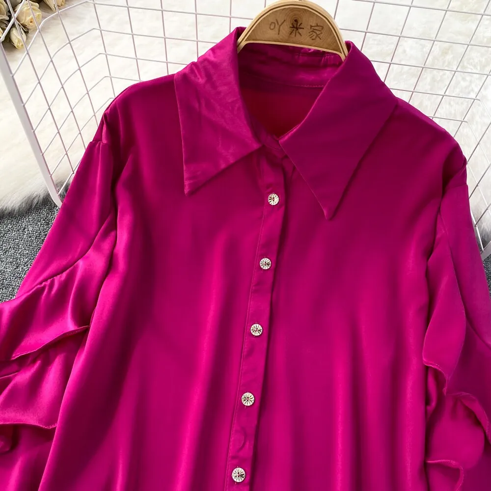 Kenza Solid Lapel collar ruffled Satin Shirt