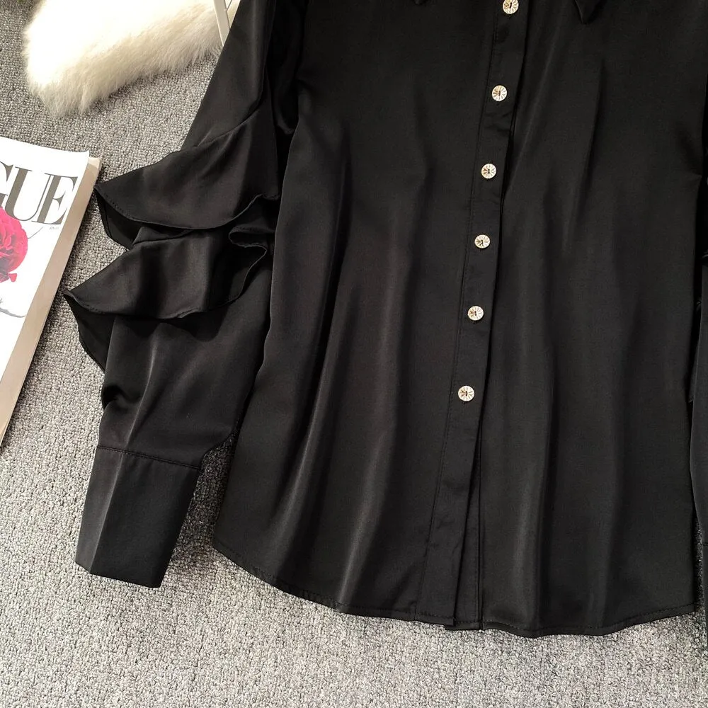 Kenza Solid Lapel collar ruffled Satin Shirt
