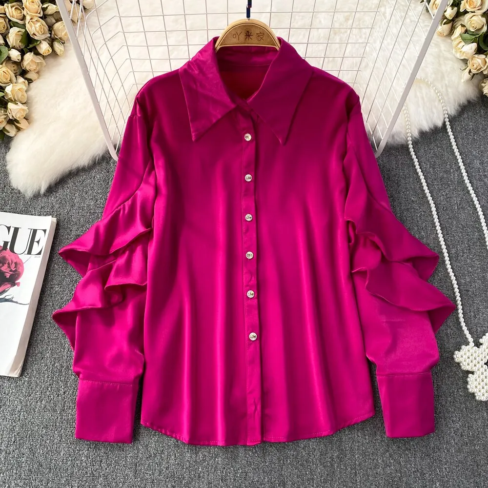 Kenza Solid Lapel collar ruffled Satin Shirt