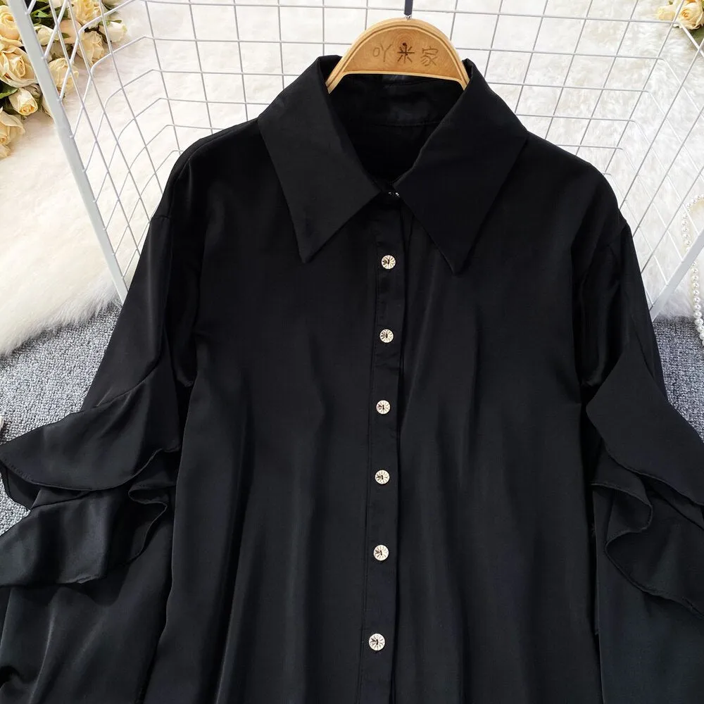 Kenza Solid Lapel collar ruffled Satin Shirt