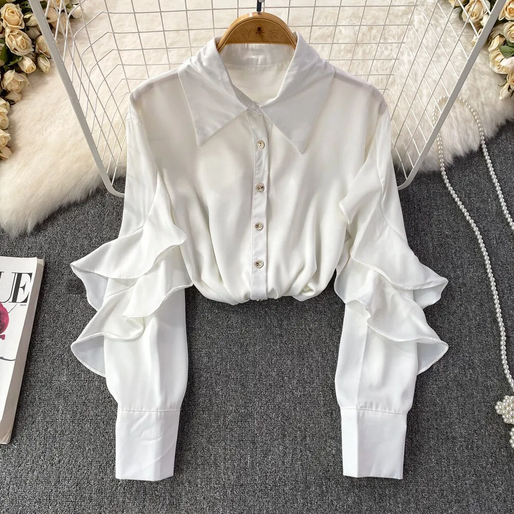Kenza Solid Lapel collar ruffled Satin Shirt
