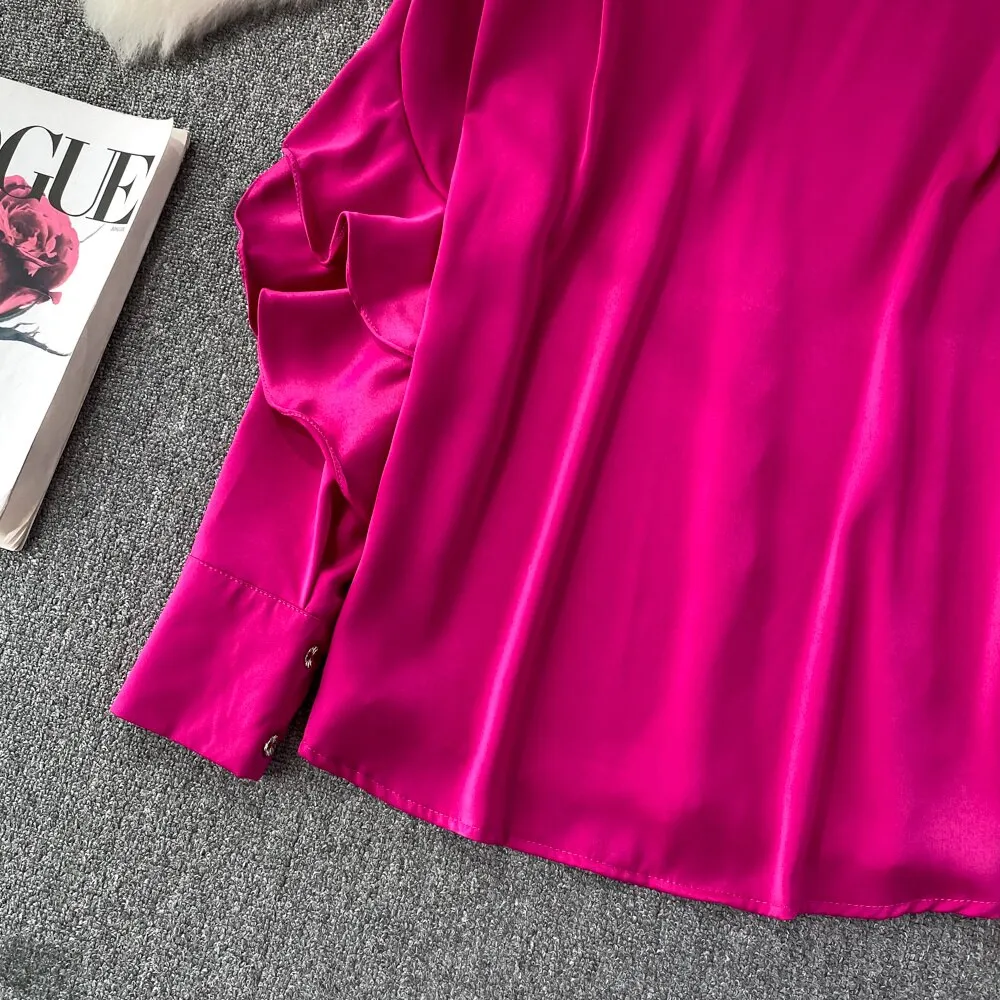 Kenza Solid Lapel collar ruffled Satin Shirt