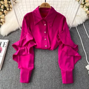 Kenza Solid Lapel collar ruffled Satin Shirt