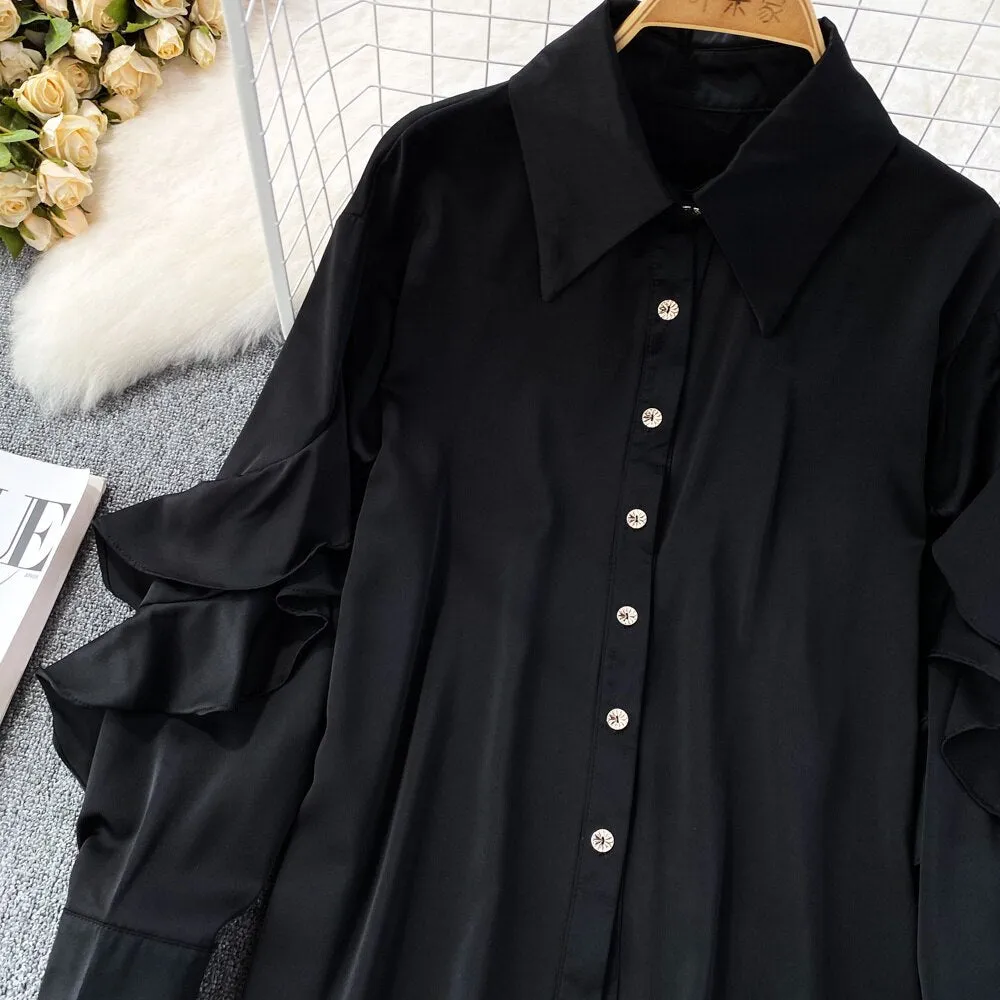 Kenza Solid Lapel collar ruffled Satin Shirt