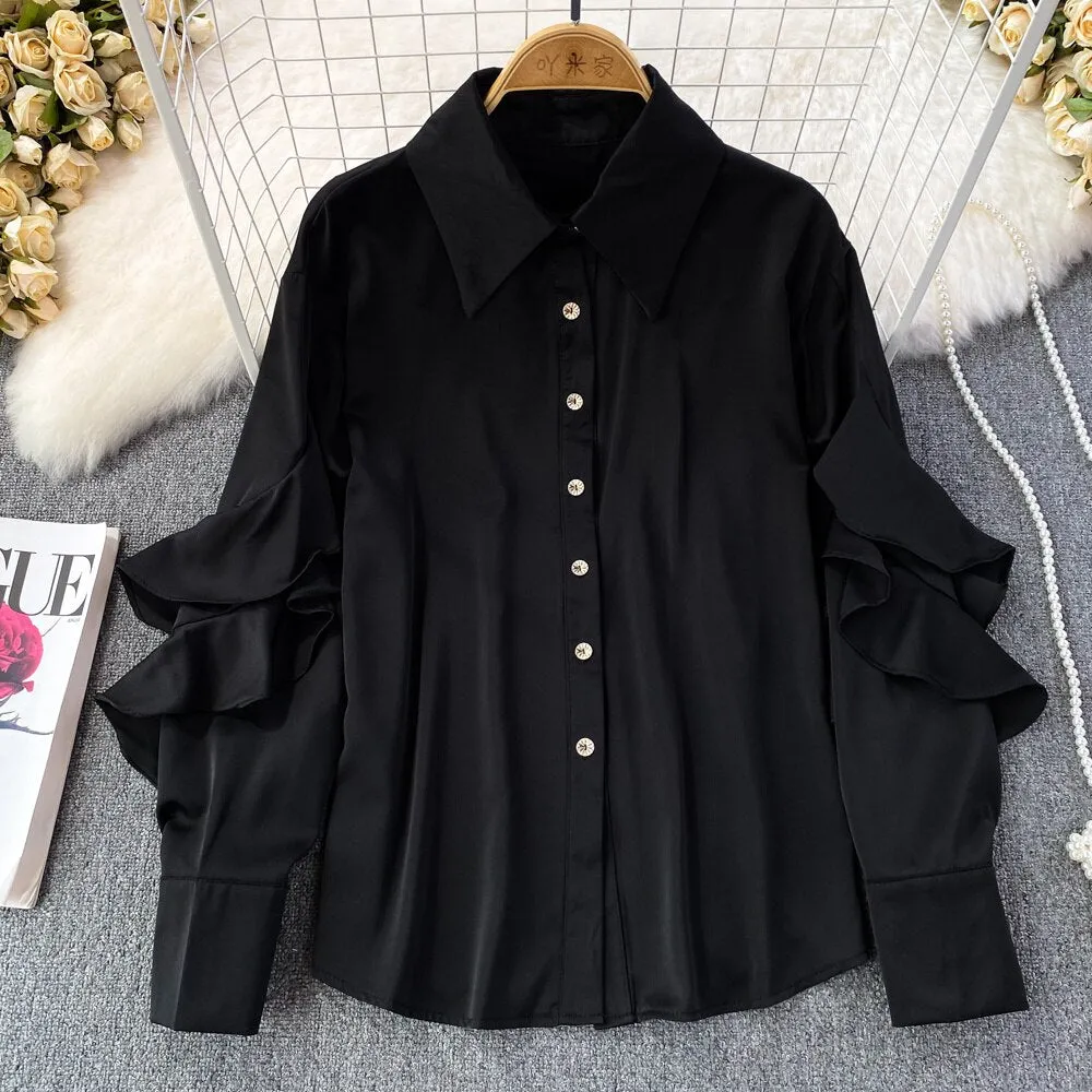Kenza Solid Lapel collar ruffled Satin Shirt