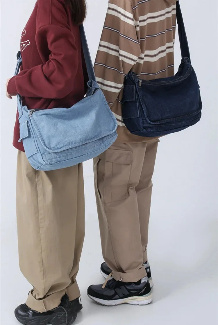 Sohiwoo Unisex Denim Textile Big Capacity Slouchy Side Sling Bag Big Size Fabric Cloth Grunge Y2K School Book Laptop Pouch Postman Bag