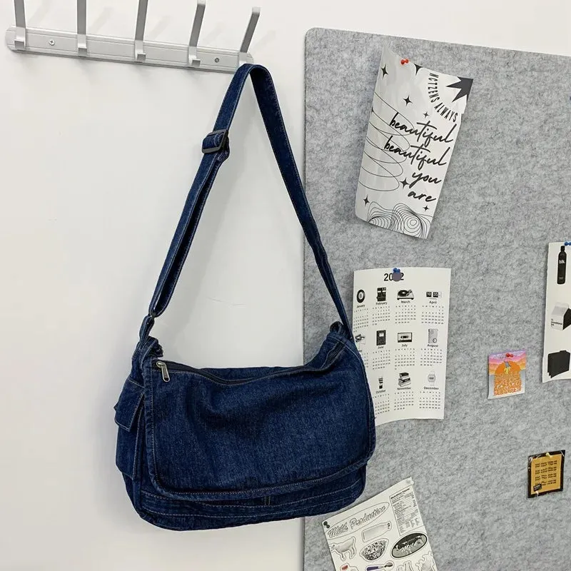 Sohiwoo Unisex Denim Textile Big Capacity Slouchy Side Sling Bag Big Size Fabric Cloth Grunge Y2K School Book Laptop Pouch Postman Bag
