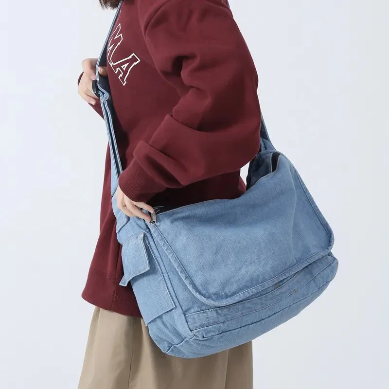 Sohiwoo Unisex Denim Textile Big Capacity Slouchy Side Sling Bag Big Size Fabric Cloth Grunge Y2K School Book Laptop Pouch Postman Bag