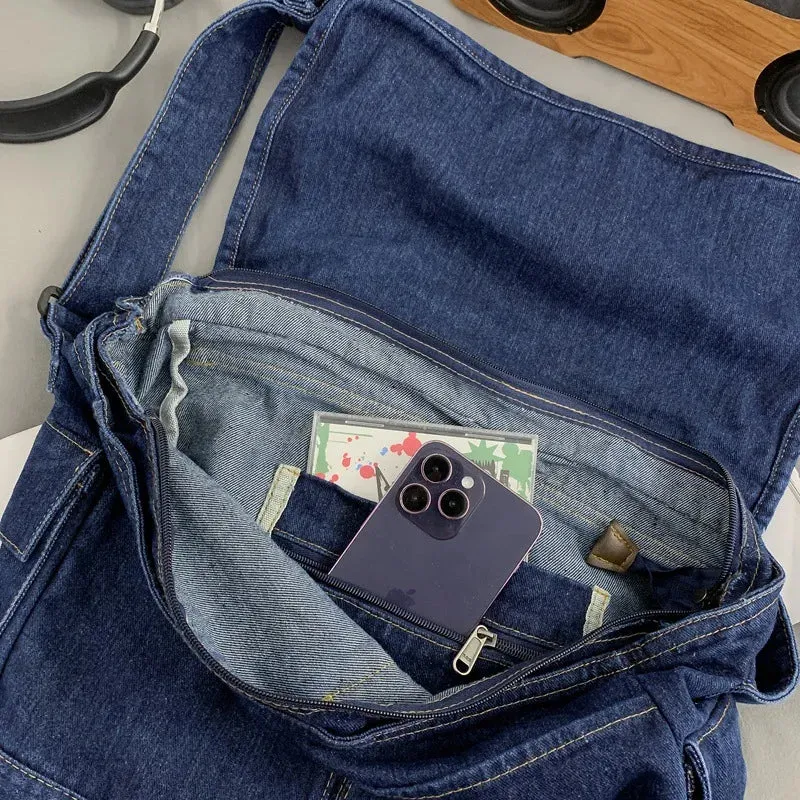 Sohiwoo Unisex Denim Textile Big Capacity Slouchy Side Sling Bag Big Size Fabric Cloth Grunge Y2K School Book Laptop Pouch Postman Bag