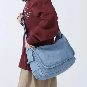 Sohiwoo Unisex Denim Textile Big Capacity Slouchy Side Sling Bag Big Size Fabric Cloth Grunge Y2K School Book Laptop Pouch Postman Bag
