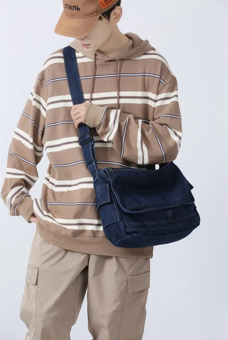 Sohiwoo Unisex Denim Textile Big Capacity Slouchy Side Sling Bag Big Size Fabric Cloth Grunge Y2K School Book Laptop Pouch Postman Bag