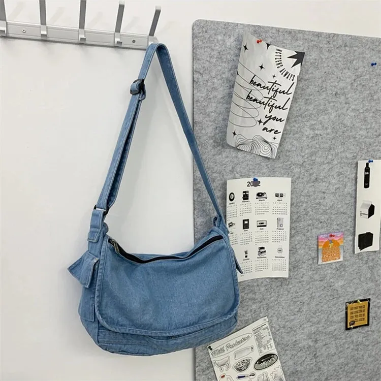 Sohiwoo Unisex Denim Textile Big Capacity Slouchy Side Sling Bag Big Size Fabric Cloth Grunge Y2K School Book Laptop Pouch Postman Bag