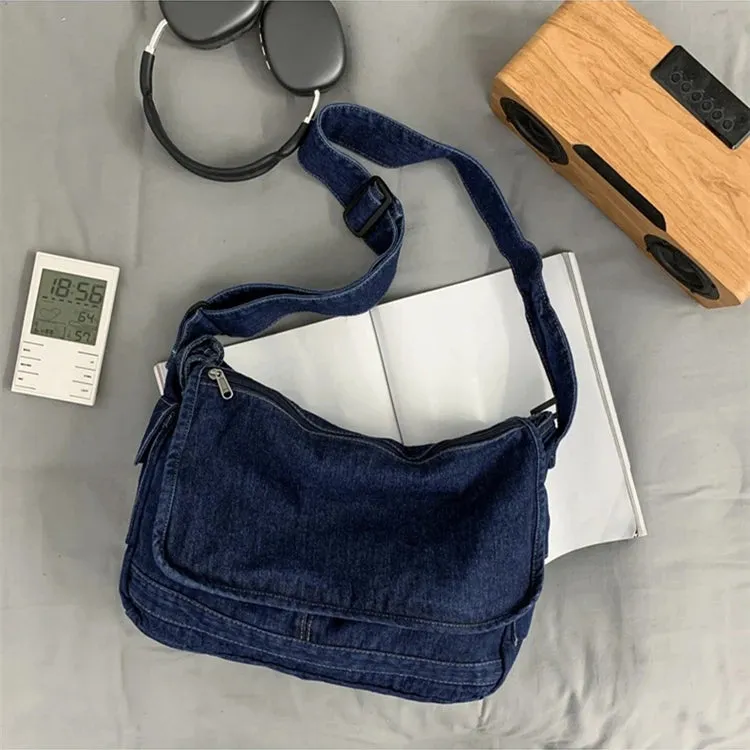 Sohiwoo Unisex Denim Textile Big Capacity Slouchy Side Sling Bag Big Size Fabric Cloth Grunge Y2K School Book Laptop Pouch Postman Bag