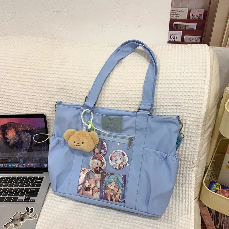Sohiwoo Y2k Harajuku Womens Shoulder Bag Casual Sweet Cat DIY Badge Ita Bag Nylon Large Capacity Commute Schoolbag Bolsos Mujer