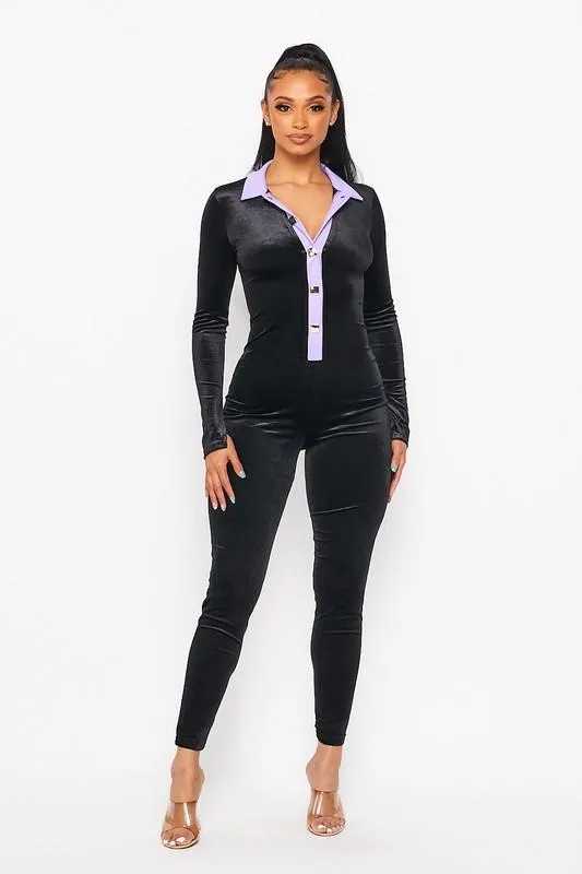 Velvet Color Block Jumpsuit- Black