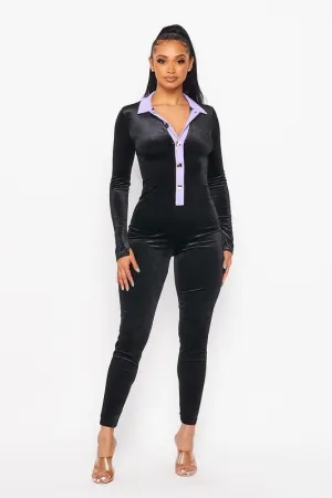 Velvet Color Block Jumpsuit- Black