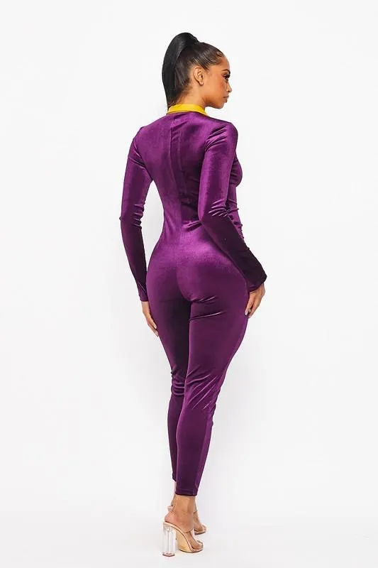 Velvet Color Block Jumpsuit- Purple