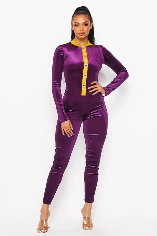 Velvet Color Block Jumpsuit- Purple