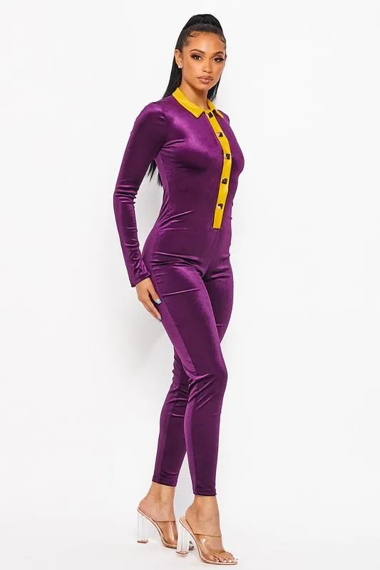 Velvet Color Block Jumpsuit- Purple