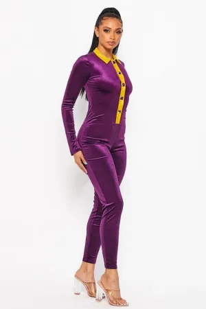 Velvet Color Block Jumpsuit- Purple